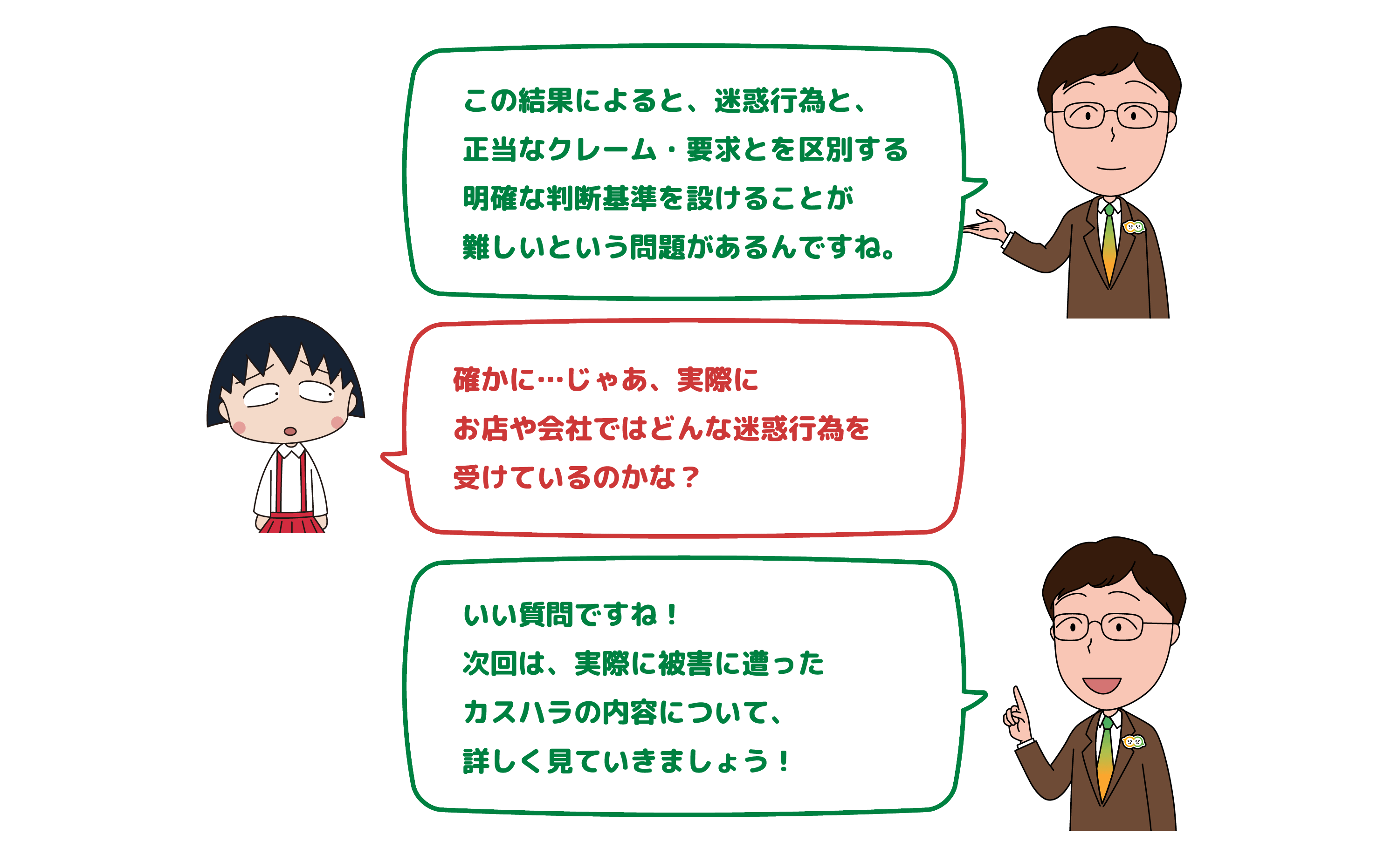 この結果によると、迷惑行為と、正当なクレーム・要求とを区別する明確な判断基準を設けることが難しいという問題があるんですね。確かに…じゃあ、実際にお店や会社ではどんな迷惑行為を受けているのかな？いい質問ですね！次回は、実際に被害に遭ったカスハラの内容について、詳しく見ていきましょう！